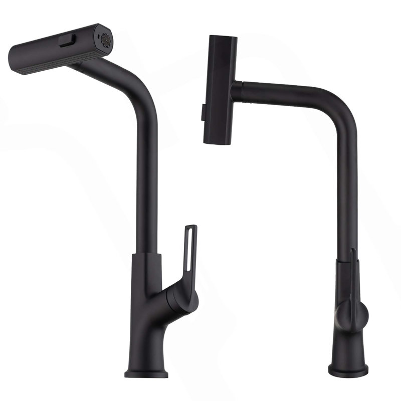 Robinet d'évier de cuisine à poignée simple 360 ° avec douchette rétractable (seulement 1 robinet), Noir mat