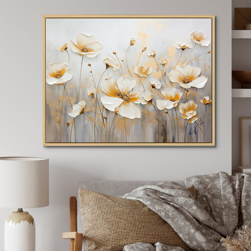 «White Buttercups On Beige Simplicity I», reproduction d'art sur toile, Cadre naturel flottant, H 24 po x l 32 po