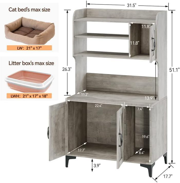 51.1" Tall Multi-Purpose Cat Litter Box Cabinet, Enclosed Cat House Furniture, 4 Shelf Storage, Locker, Private Indoor Litter Enclosure, Fits Cats up to 12 lbs