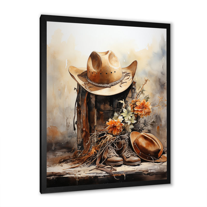 Yerly minimalisme, chapeau de cowboy et botte II - Cowboys, art mural, Cadre photo noir, H 44 po x l 34 po x P 1,5 po