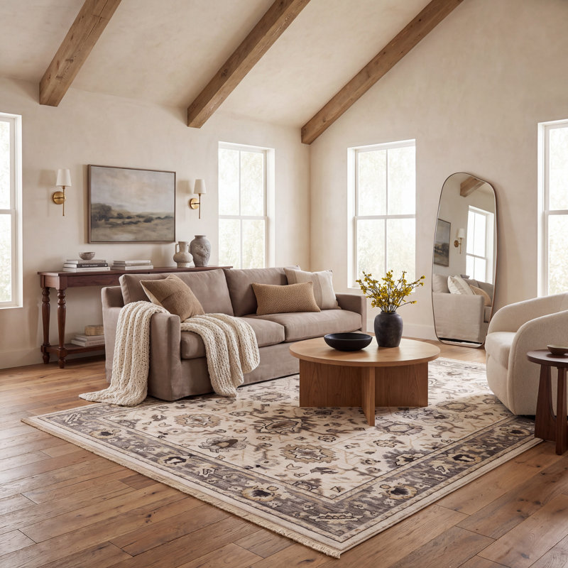 Tapis en laine beige / gris Abena, Rectangle 5 pi 3 po x 7 pi 6 po