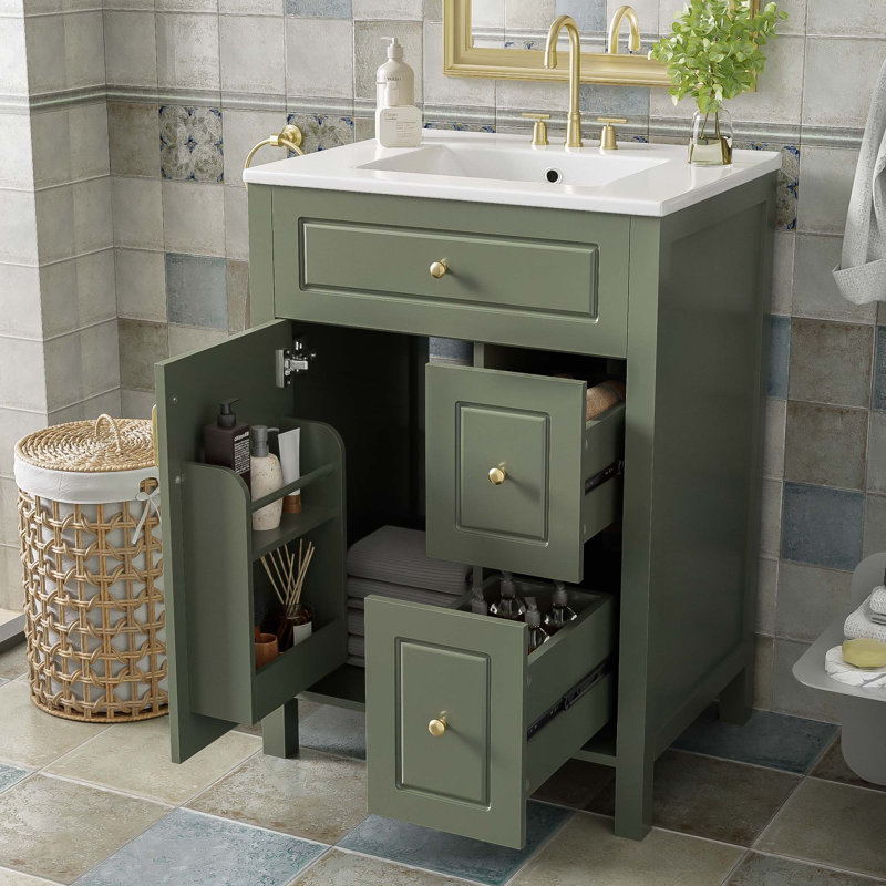 Meuble-lavabo de rangement avec lavabo en céramique, Gris