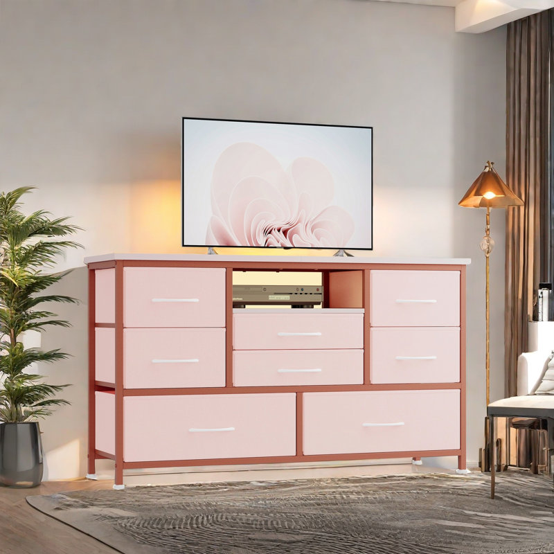 Meuble télé 8 tiroirs avec prise de courant et DEL, commode pour chambre à coucher avec 8 tiroirs profonds, large console pour le salon, vestibule