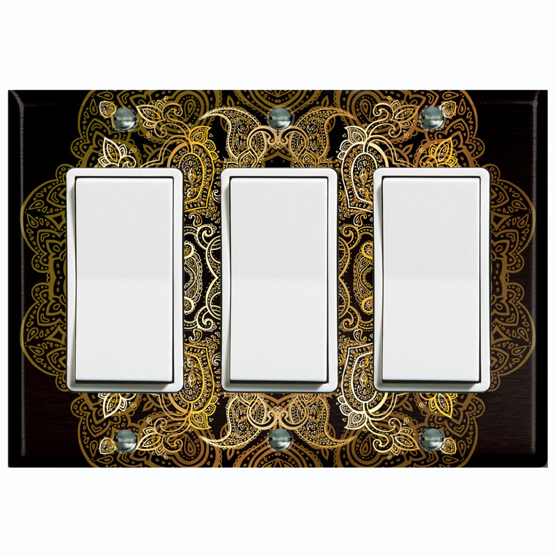 Metal Light Switch Plate Outlet Cover (Yellow Circle Mandala Black  - Triple Rocker)