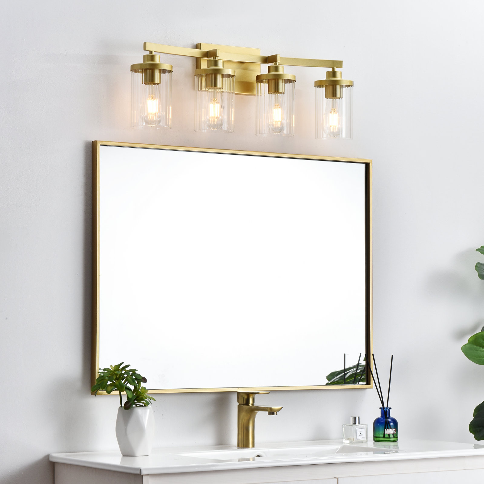 Dariela Dimmable Vanity Light, Brass, 10" H x 25" W x 25" D, 4 Lights