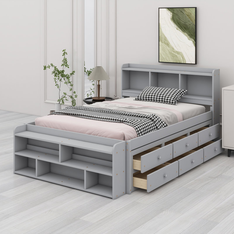 Lit avec tête de lit bibliothèque, tiroirs de rangement sous le lit et étui de rangement, Gris