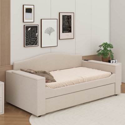 Twin Size Upholstered Daybed With Trundle,Storage Armrests And Latest Integrated Bluetooth Audio System
