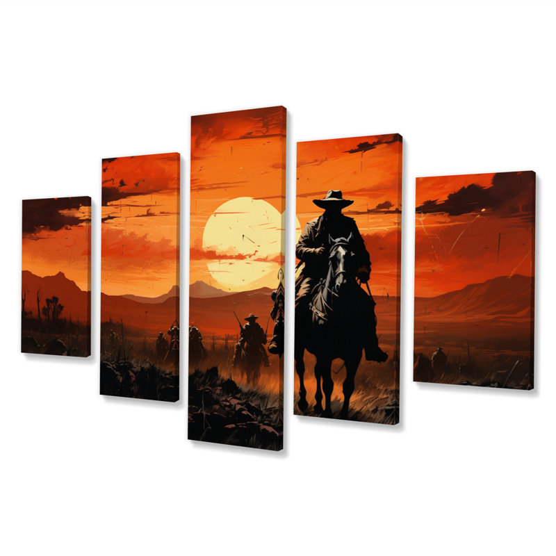 «Western Sunset Riders Pointillism Art II», reproduction sur toile - 5 panneaux