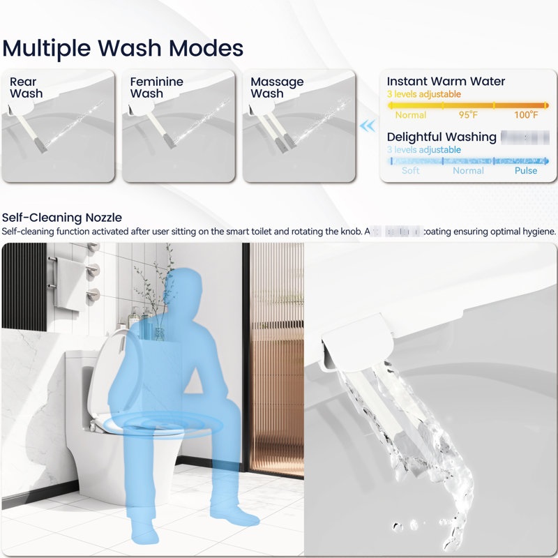 Siège de bidet électrique allongé - Réglages réglables, buse en acier inoxydable, séchoir à air chaud, portatif blanc avec réglage de la température chauffé, jet amélioré, fermeture automatique, plastique