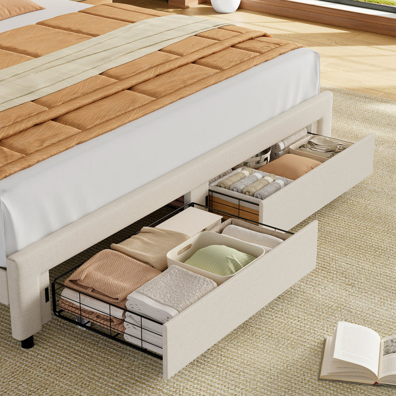 Binghamton Upholstered Platform Bed With 2 Storage Drawers, Wood Storage Bed Frame With Adjustable Headboard, King