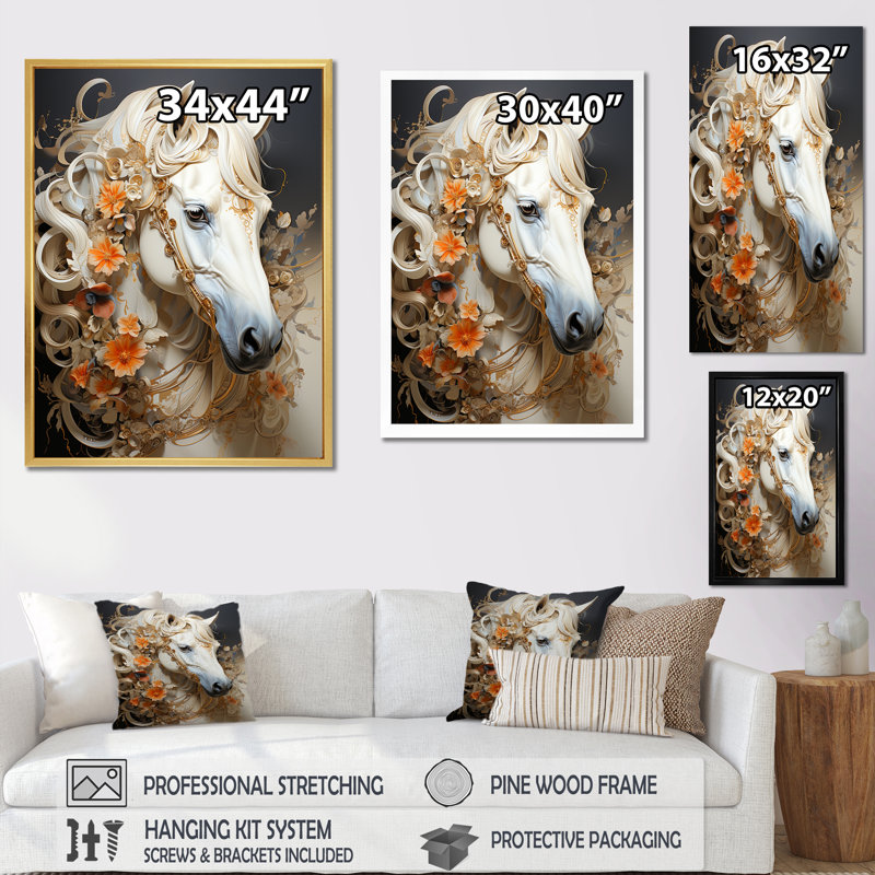 Motif floral doré féminin - reproduction sur toile, Cadre flottant doré, H 44 po x l 34 po x P 1,5 po