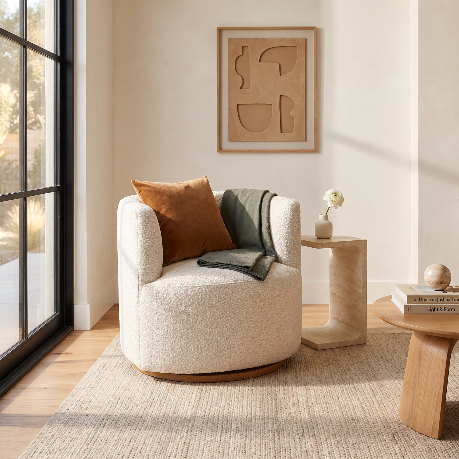 Brookport Swivel Barrel Chair, Ivory Boucle