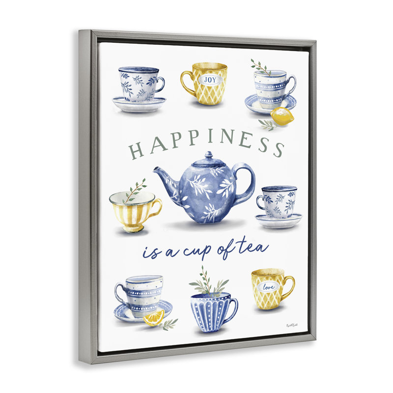 Cadre flottant Happiness is a Cup of Tea, design par Elizabeth Tyndall, H 31 po x l 25 po, Cadre flottant gris lustré