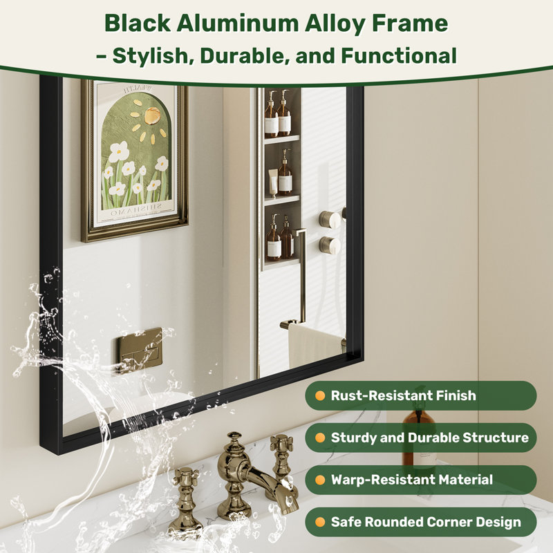 Matte Black Aluminum Alloy Framed Bathroom Vanity Mirror with HD Tempered Glass Ideal for Bathroom, Entryway, Living Room