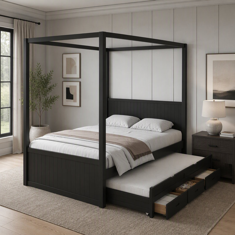 Lit plateforme à baldaquin Ringler avec lit gigogne double, 3 tiroirs de rangement et tête de lit à lattes verticales pour une utilisation polyvalente dans la chambre Ringler