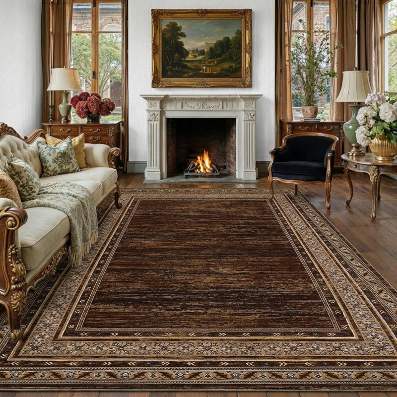 Tapis lavable moderne en simili laine avec envers antidérapant, Brun-roux, 9 x 12 pi