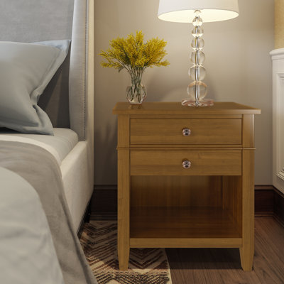 Carlton 24"W Solid Wood Transitional Nightstand with 2 Drawers, Open Storage Shelf and Bronze Hardware