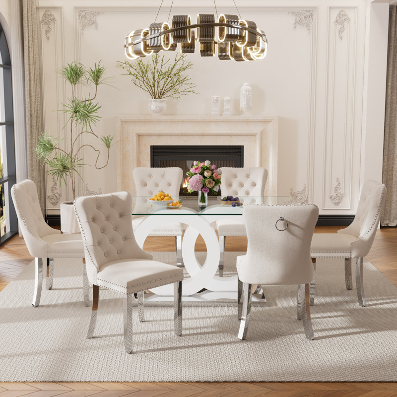 Ensemble de salle à manger rectangulaire L 63 po x l 35,43 po Layvonne, Blanc / Blanc, Beige