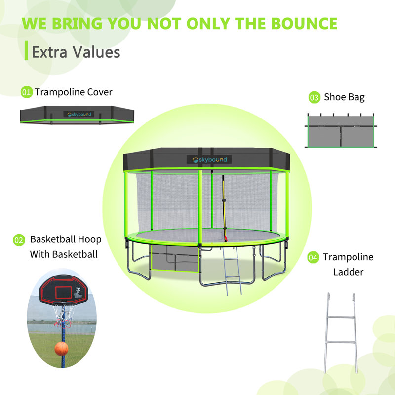 Skybound 15' Round Backyard Trampoline with Safety Enclosure, Green