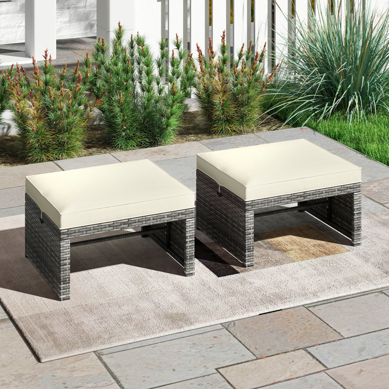 Ensemble de 2 repose-pieds en rotin PE avec coussins à fermeture à glissière pour terrasse, blanc, Blanc
