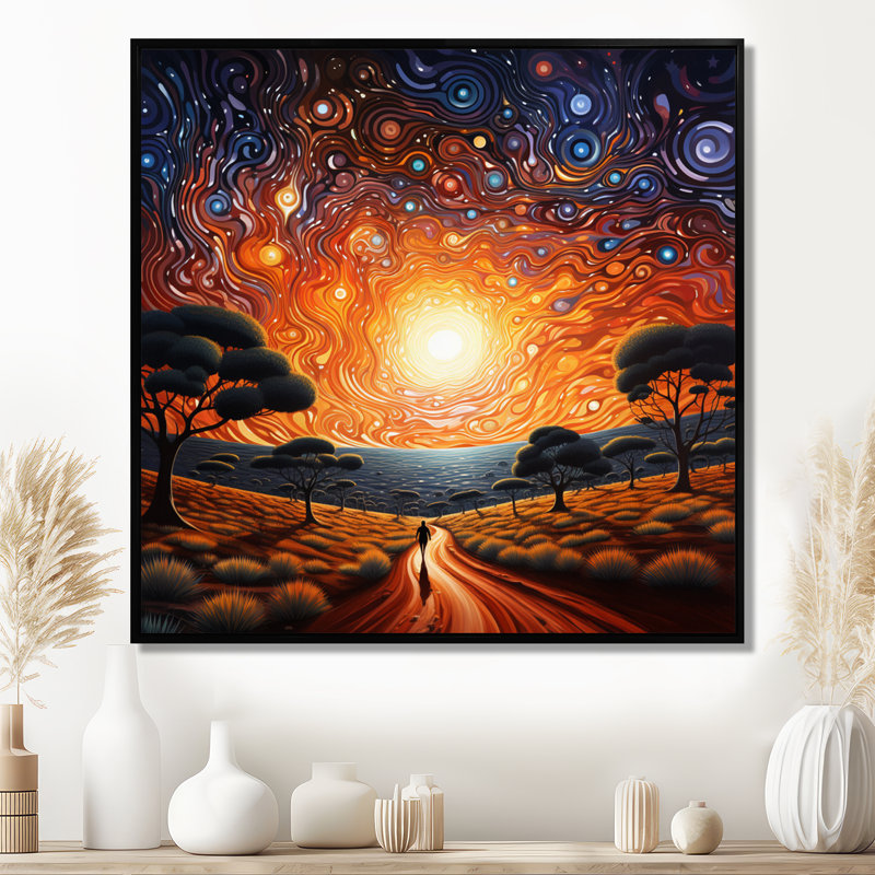 «Celestial Whirls Sacred Solitude - Art abstrait paysage mural», H 16 po x l 16 po x P 1 po, Cadre flottant noir