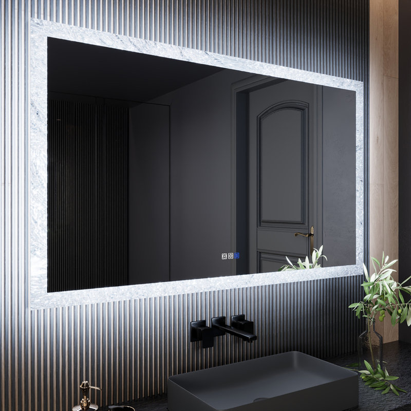 Frameless LED Bathroom Vanity Mirror With Ice Sculpture Glass, 60" x 36"