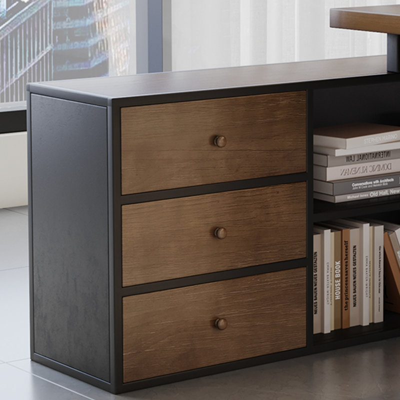 Bureau brun clair + bois massif rectangulaire noir + bureaux en fer, Retour à gauche, H 29,53 po x l 78,74 po x P 31,5 po