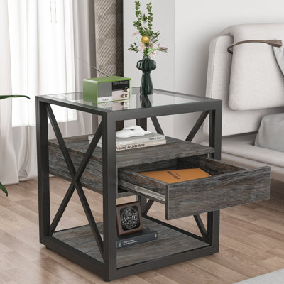 Ensemble de 2 tables de bout modernes avec tiroir - table de chevet pour la chambre à coucher et le salon, panneau de fibres à densité moyenne en bois rustique et plateau en verre trempé, table d'appoint de style industriel
