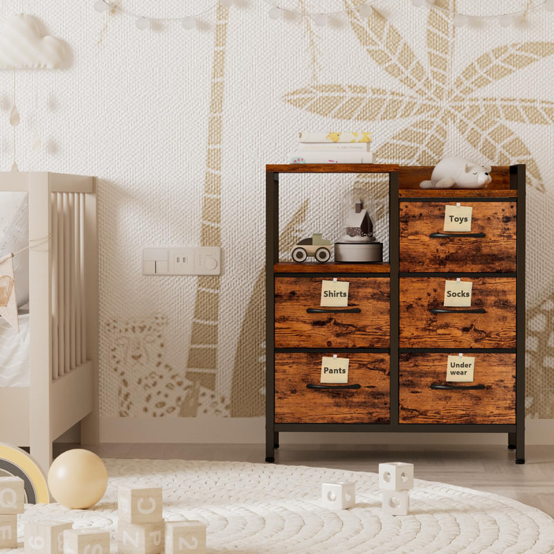 5 Drawer Rustic Brown Dressers for Bedroom 2 Tier Shelf Storage Small Fabric Dresser for Closet Sturdy Metal Frame Modern Style Storage Cabinets Organization Units for Hallway Rooms
