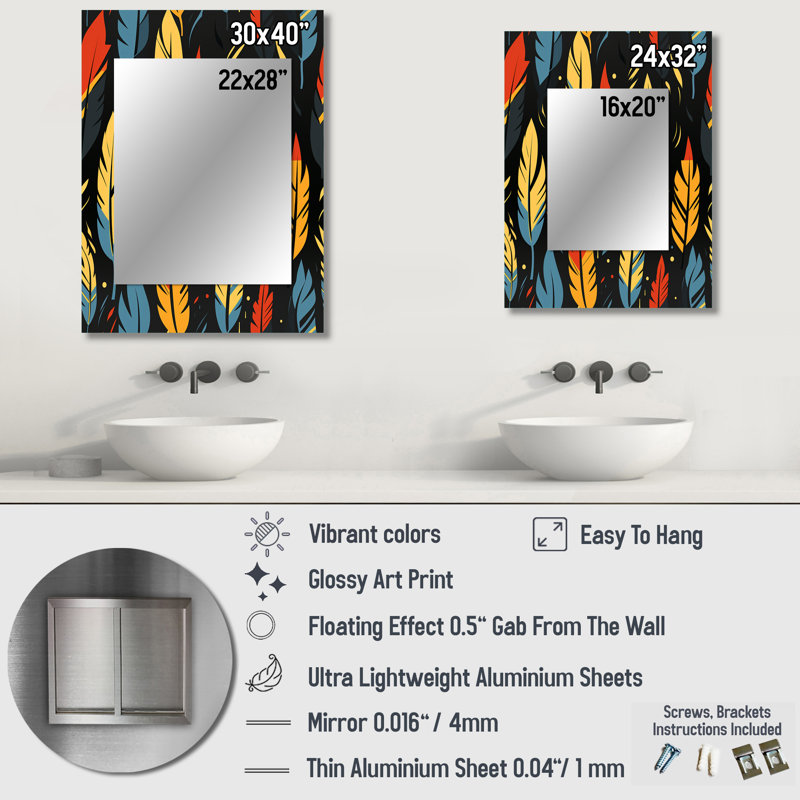 Baheejah Feather Tribal Fusion - Abstract Decorative Wall Mirror, Abstract Mirror, Printed Metal Art, 40" x 30"