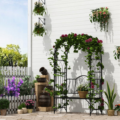 Metal Trellis Arch With 2 Outdoor Seat - Grow Grapes, 484 Lbs. Capacity Black Garden Bench Enhance Patio & Garden, Load