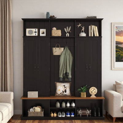 Hall Tree With Bench, Top Cubbies, Bottom Storage Space, Cabinets And Hooks