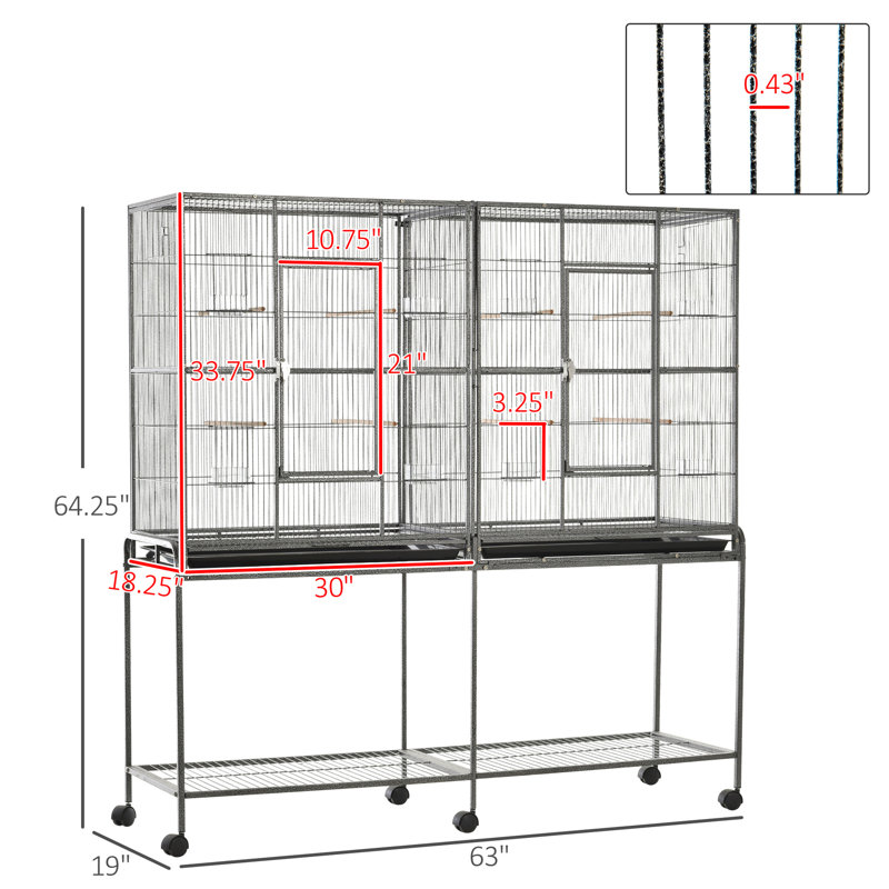 Cage à oiseaux 65 po en métal avec support amovible, tablette de rangement, perchoir en bois, contenant à nourriture