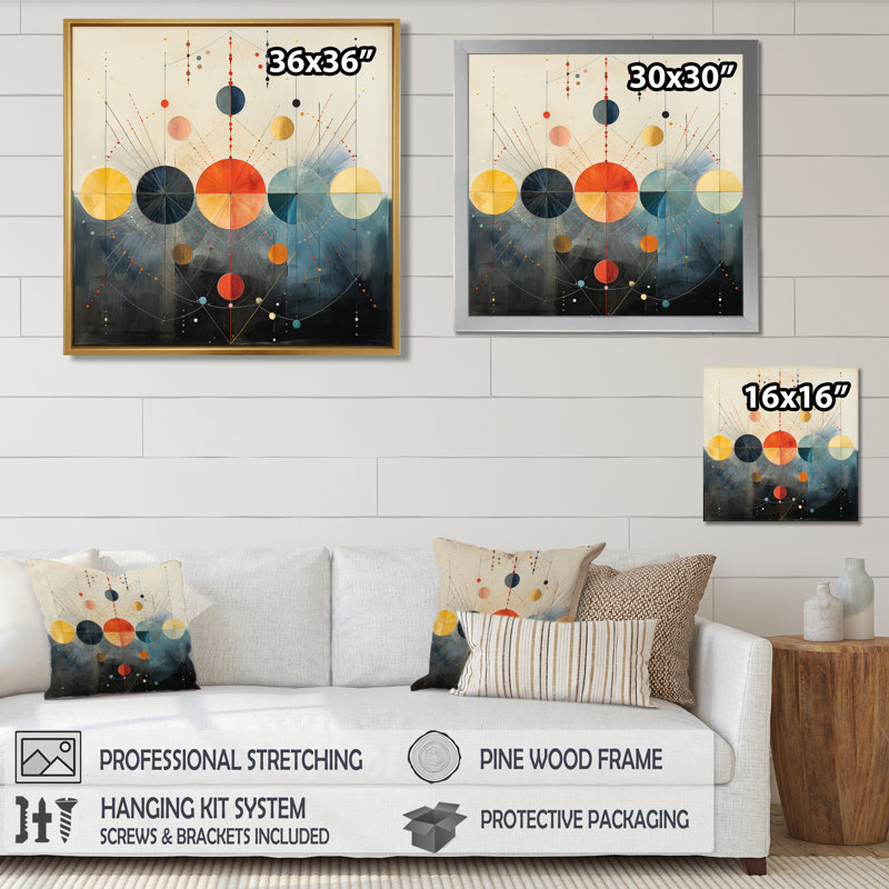 Art mural circulaire rétro - géométrique, H 16 po x l 16 po, Cadre flottant noir