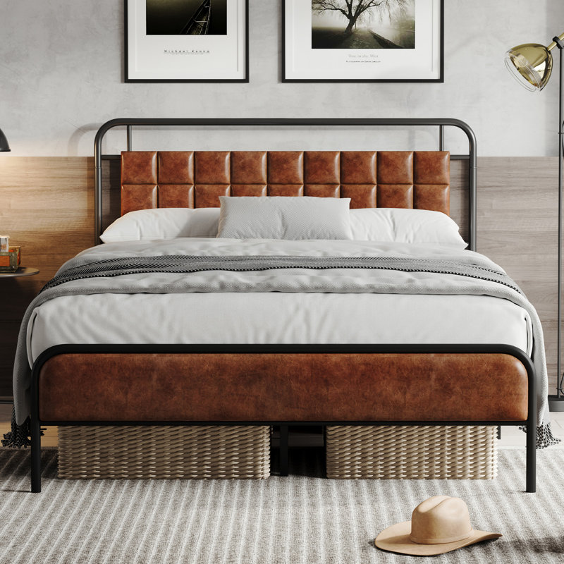 Bed Frame Leather Upholstered Headboard, Brown