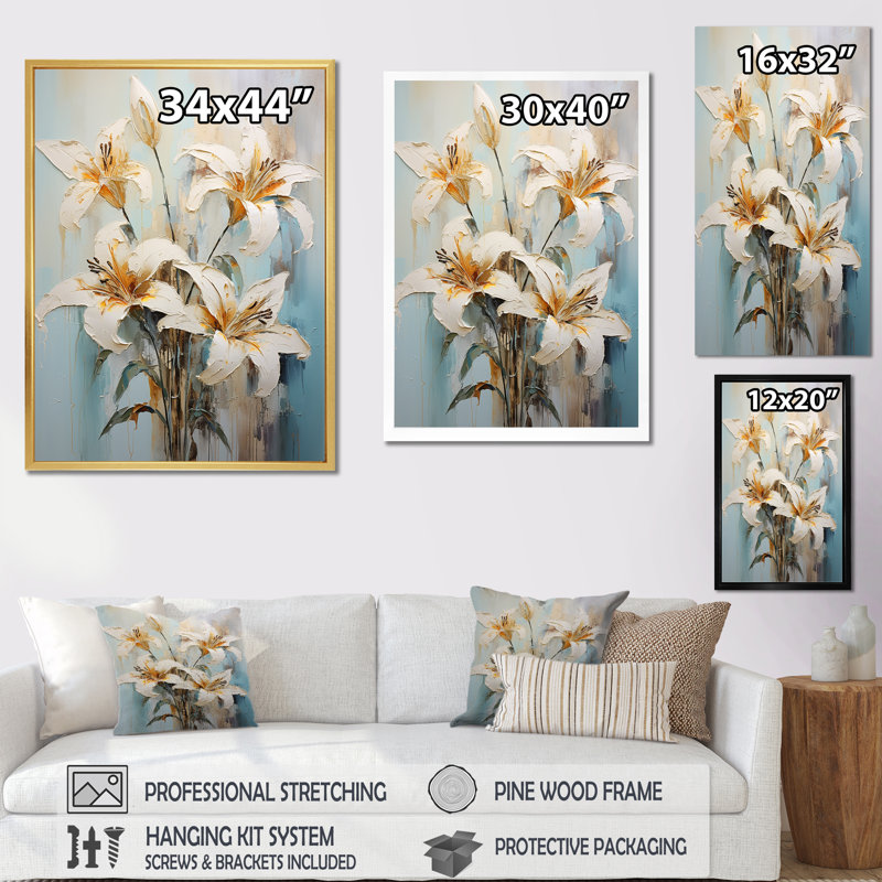 Rêveuse rêveuse de lys sur toile, H 32 po x l 24 po x P 1 po, Cadre flottant doré