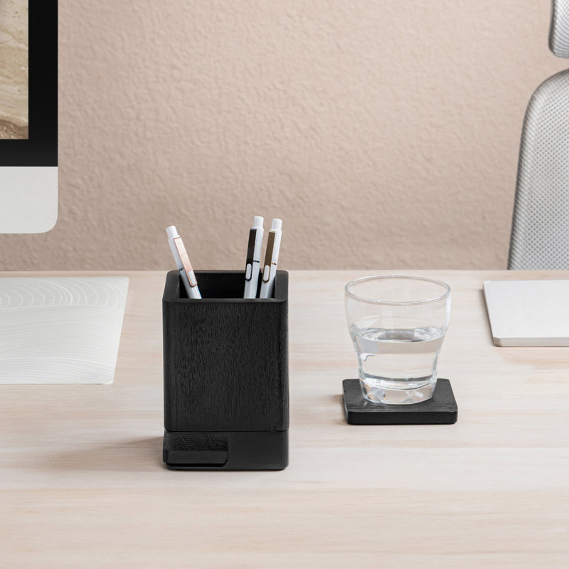 Solid Wood Pen Holder with 2 Coasters, Black