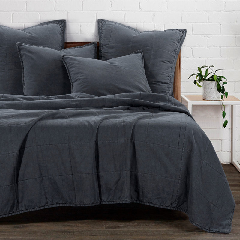  Stonewashed Cotton Canvas Solid Color Timeless Basic Rustic Chic Coverlet Set, Charcoal, Queen Coverlet + 2 Standard Shams