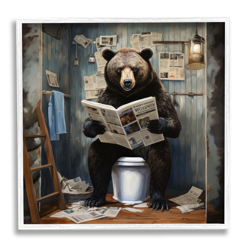 " Bear With Newspaper Bathroom ", 12" H x 12" W x 0.5" D
