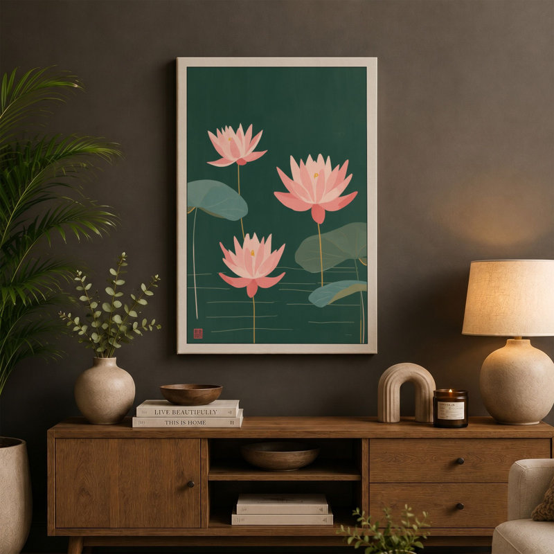 Water Lilies Botanical - Wrapped Canvas, 36x24 - 91.4 x 61.0 cm, Sage Border