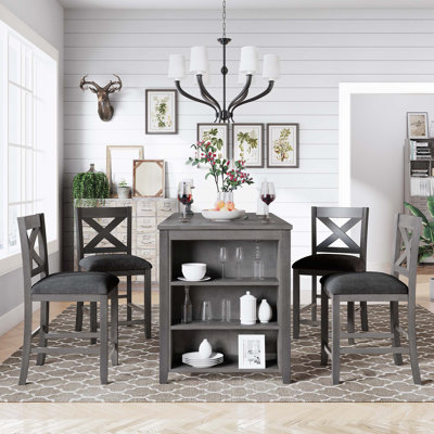 5 Pieces Counter Height Rustic Farmhouse Dining Room Wooden Bar Table Set With 4 Chairs -  Gracie Oaks, 19C98C10238F40D6A37ADC31C836CC1F