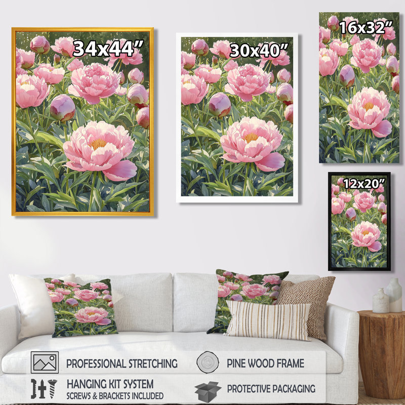 Barnum pivoines dans le potager V - pivoines, art mural sur toile, H 44 po x l 34 po, Reproduction avec cadre flottant, Blanc