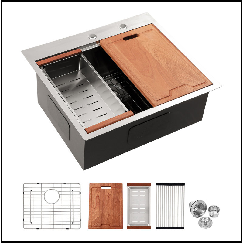Évier de cuisine 25 po x 22 po à évier de cuisine en acier inoxydable calibre 16 avec station de travail encastrable