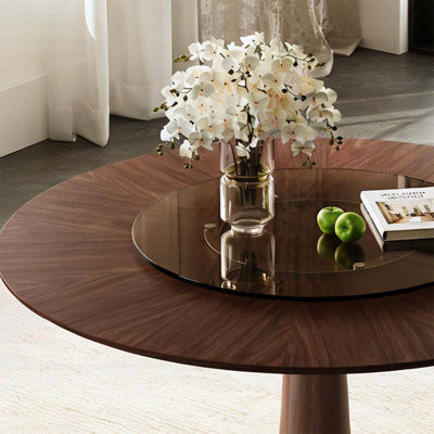 Table de salle à manger ronde en bois massif de 47 pouces avec plateau tournant en verre trempé de 23 pouces, base en acier inoxydable pour espaces modernes et rétro