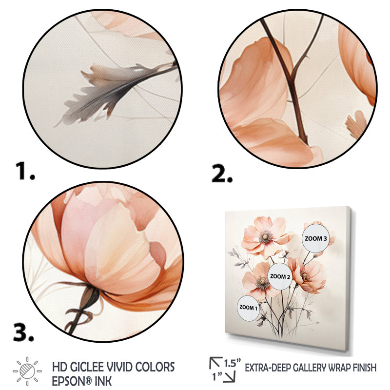 Fleur de pêche minimaliste beige - art mural floral, Cadre simple noir, H 16 po x l 16 po x P 1 po