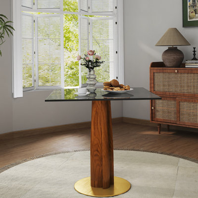 Table de salle à manger moderne carrée, table en verre trempé de 33,5 po avec pieds en bois et base dorée, table de cuisine pour 2 personnes pour petit espace, capacité de poids de 150 lb (seulement la table de Négociation)