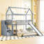 Lit simple superposé au dessus d'un lit double avec glissade, lit maison avec glissade, gris-1629078676