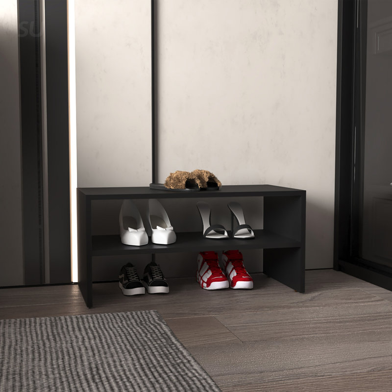 Élégant étagère à chaussures noire avec 2 tablettes spacieuses, durable et peu encombrante pour la vie moderne.