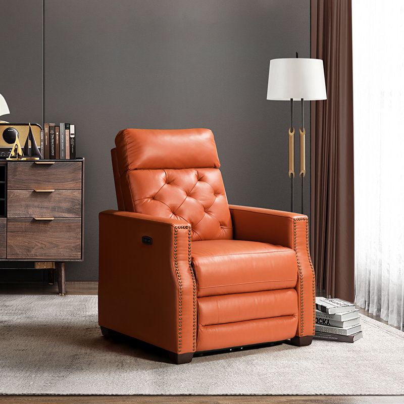 Gumesindo 31.50" Wide Genuine Leather Power Recliner, Brick Genuine Leather