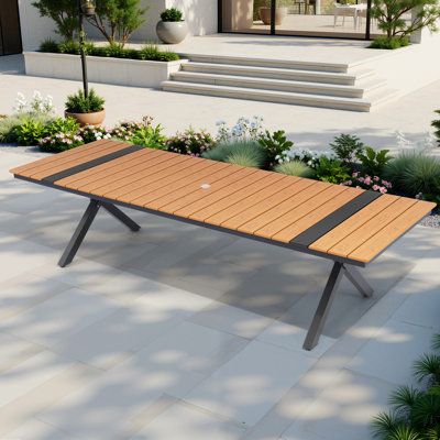 8-12 Person Plastic Desktop & Aluminum Frame Rectangular Outdoor Dining Table with Umbrella Hole
